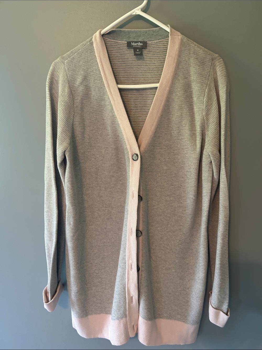 Martha Stewart Gray Cardigan with Blush Trim